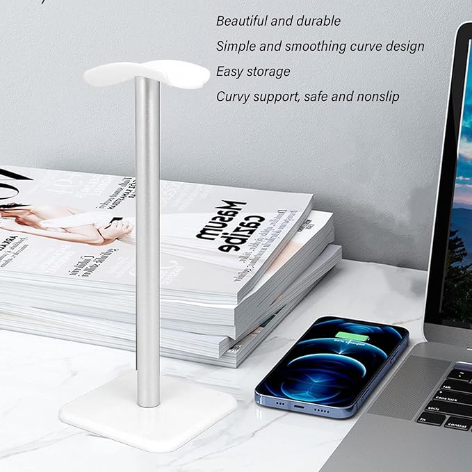 VBESTLIFE Headphone Stand, Headset Holder Earphone Stand with Aluminum Supporting Bar, for All Headphones Size for PC Gaming Headset Display & Headphones (White)
