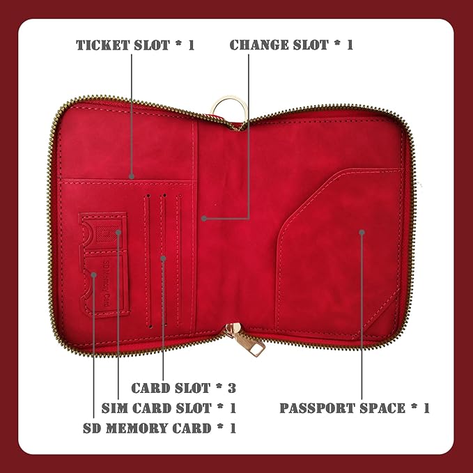 Passport Holder with Tether and Carabiner Clip to Prevent Loss and Theft, Rfid Passport Holder for Travel, Passport Cover, Wallet & Case for Men and Women (Red - Tether and Carabiner)
