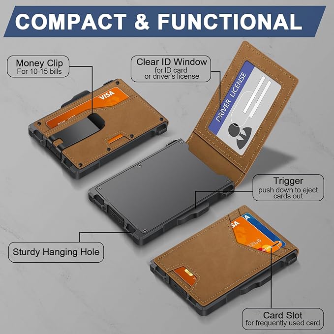 GHUKY Wallet for Men, Minimalist Slim Mens Wallet with Money Clip, RFID Blocking Smart Pop Up Card Wallet with ID Window, Compact Bifold Wallet,Metal Aluminum Credit Card Holder