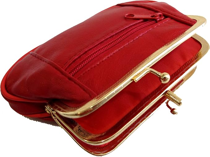 Womens Leather Mini Wallet ID Credit Cards Cash Coin Holder Case Organizer Purse with Framed & Zipper Closures - RED, (COIN03-RED)