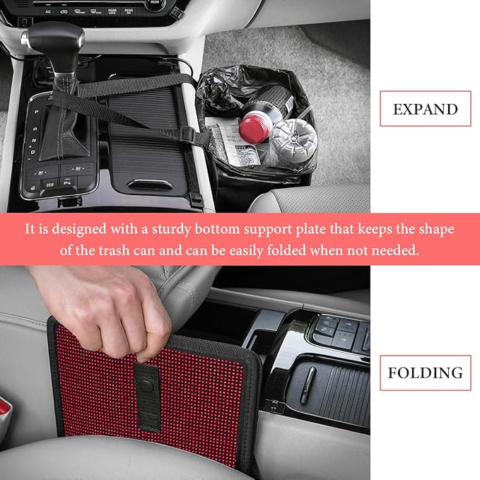 Car Foldable Trash Can, Bling Rhinestone Oxford Garbage Container Hanging Waterproof Organizer, Mini Crystal Dustbin Waste Basket Leakproof Trash Bin for Car Office Kitchen (Red)