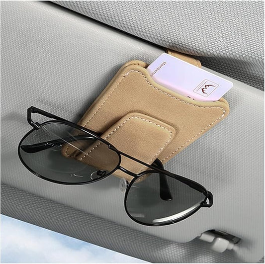 Sunglass Holder for Car Visor, Magnetic Leather Vehicle Eyeglass Hanger Holder, Automotive Interior Sun Visor Glasses Ticket Card Organizer Clip, Universal for SUV RV Lorry (Beige)