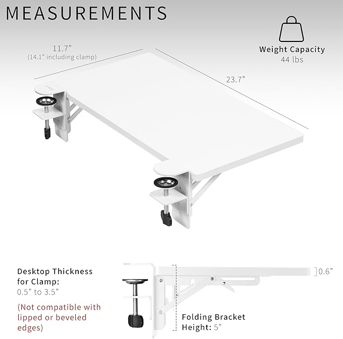 VIVO Clamp-on 24 x 12 inch Foldable Desk Extender, Wrist Support Arm Rest, Office Keyboard Tray, Side Table Extension Attachment, White, DESK-EXT24W