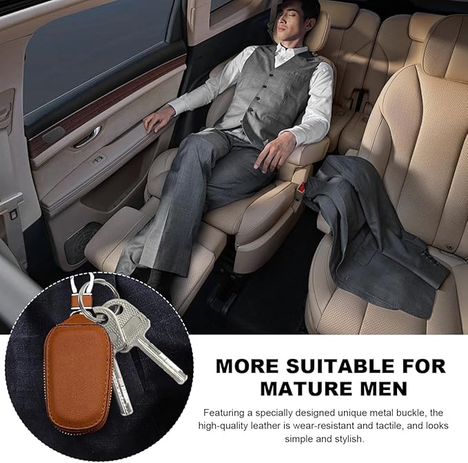 Wevdn Car Key Case, Genuine Leather Auto Smart Key Fob Holder with Metal Hook, Anti Scratch Automotive Key Protector Key Chain Zipper Bag for Remote Key Fob, Car Accessories (Brown)
