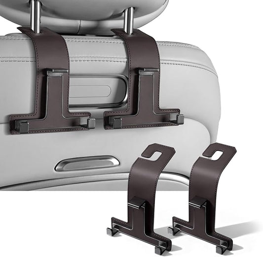 Car Hooks for Headrest, Multifunctional Luxurious Leather and Magnesium Alloy Car Seat Back Hook & Mobile Phone Holder, Double Headrest Hanger Storage Hook for Purses, Handbags (Brown)