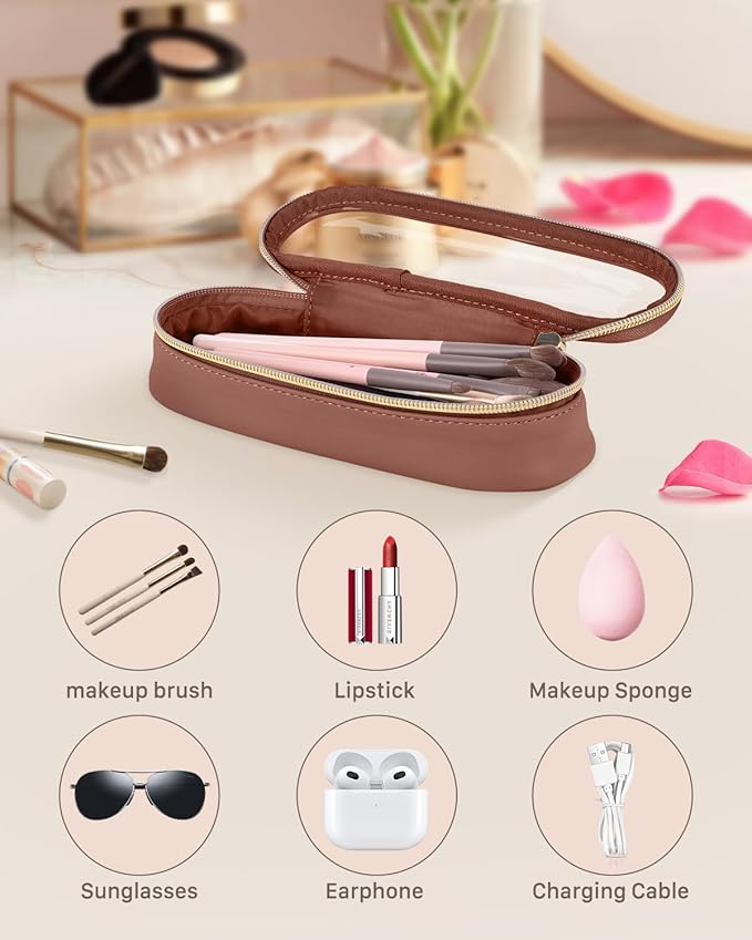 Soimeat Clear Travel Makeup Brush Holder, Leather Makeup Brush Toiletry Bag, Portable Cosmetic Brush Case, Transparent Waterproof Makeup Brush Storage Bag, Brown