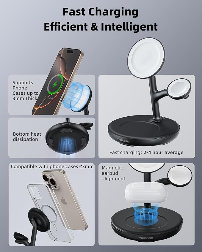 3 in 1 Magnetic Wireless Charger Stand for Apple Devices, TRIBONE Fast Charging Station for iPhone 17/16/15/14/13/12 Series, Apple Watch, Airpods (Panda Color)