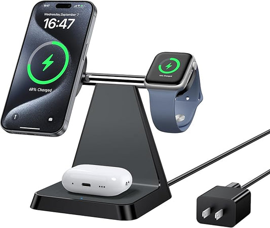 Charging Station for Multiple Devices Apple: Woruda 3 in 1 Magnetic Wireless Charger Stand for Mag Safe iPhone - Nightstand Charging Dock for iPhone 16 15 14 13 12 Pro Max Plus Apple Watch Airpods