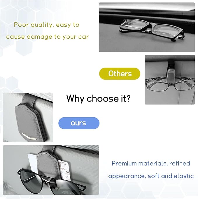 Dickno Sunglasses Holder for Car Sun Visor, Magnetic Leather Glasses Hanger Mounted with Ticket Card Clip, Universal Vehicle Interior Accessories for Different Size Eyeglasses (Gray)