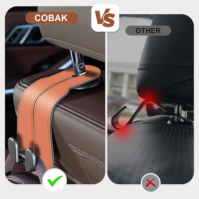 CoBak Purse Hook for Car - Universal Premium Stitched Leather and Aluminum-Magnesium Alloy Double Car Seat Back Storage Hook for Purses, Handbags, Bags (2 Pack),Coral Orange