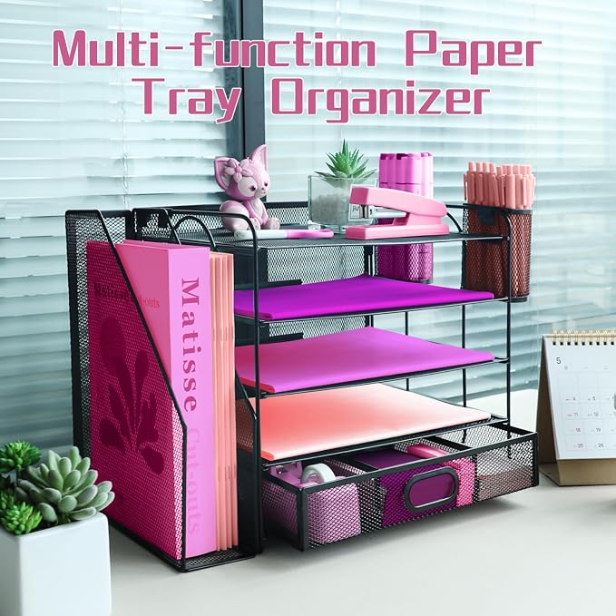Desk Organizers and Accessories with File Holder, 5-Tier Paper Letter Tray Organiser with Drawer and 2 Pen Holder, Mesh Desktop Document Organizer for Office Supplies, Workspace - Black