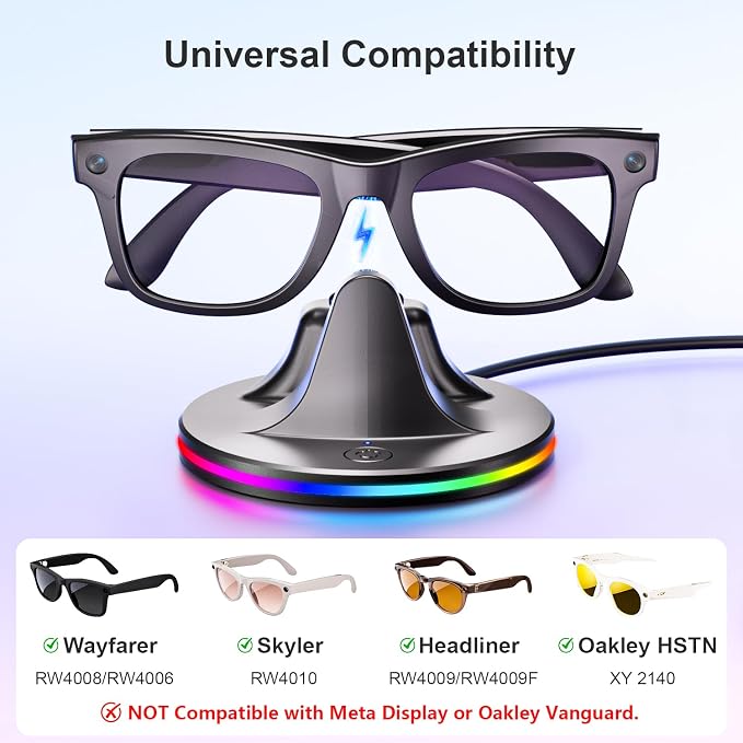 Charging Dock for Meta Glasses Ray-Ban: Wayfarer, Skyler, Headliner & Oakley HSTN Smart Glasses Charger with LED Power Status Light, Black