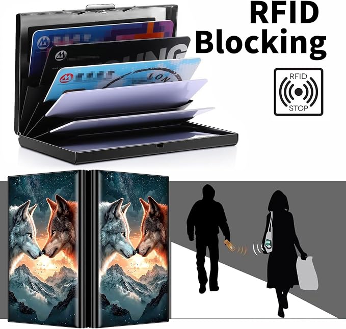 Metal Wallet, Credit Card Holder for Women Men Girls, RFID Blocking Aluminum Wallet Slim Hard Case, Mini Travel Wallet, ID Card Holder Business Card Case,Galaxy Wolf Mountain
