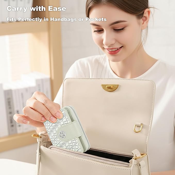 Credit Card Wallets for Women, Leather Cardholder with Zipper Around, Small Rfid Ladies Wallet, Accordion Compact Bifold Purse for Travel, 19 Card Slots, ID Window, Cash Organizer - White