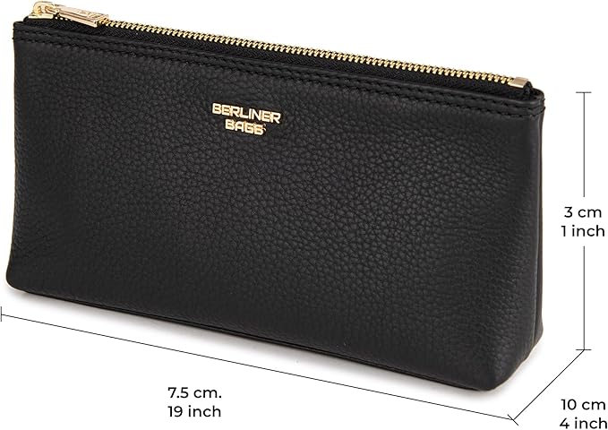 BERLINER BAGS Premium Genuine Leather Makeup Bag Anna, Cosmetic Bag for Purse, Travel and Cosmetics Pouch with Zipper for Women- Black