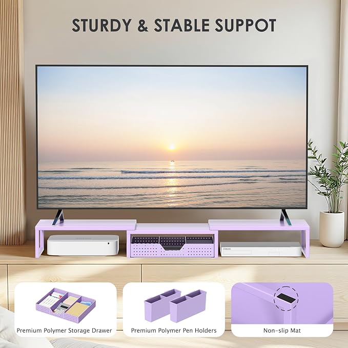 OPNICE Desk Organizers and Accessories, Dual Computer Monitor Stand Riser with Drawer and 2 Pen Holders, Office Desk Accessories, Workspace Desktop Organization for Office Supplies (Purple Metal )