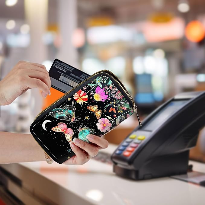 Wallet,Leather Long Wallet Suitable For Ladies And Teenagers - Detachable Wristband + RFID Travel Wallet With Card Slot - Butterfly Moon Flower