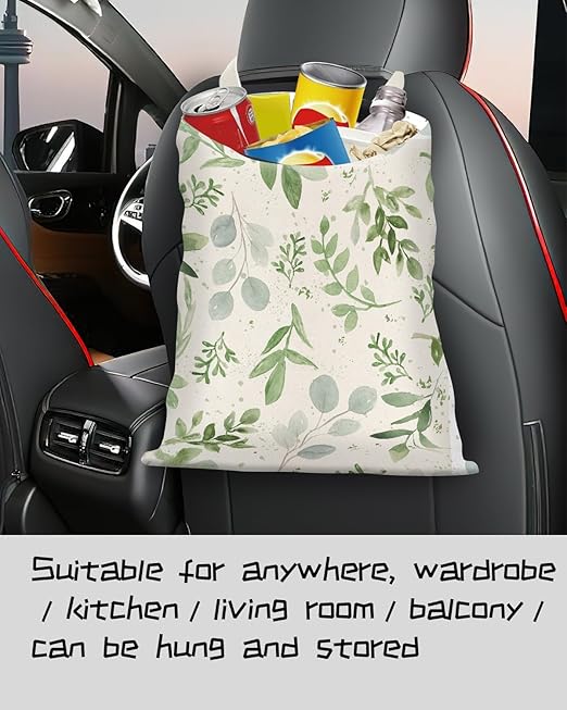 Car Trash Can, Seat Back Hanging Car Trash Bag, Cute Canvas Car Garbage Bag, Essential Car Trash Bin Car Organizers Green Leaf Floral