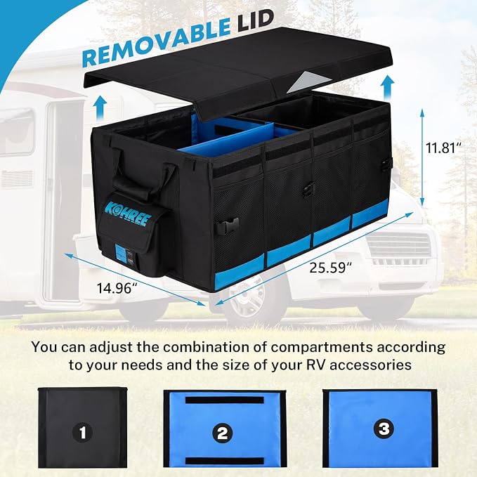 Kohree Car Trunk Organizer, 74L Large-Capacity Foldable RV Storage and Organization, Waterproof Rv Caddy Organizer for RV Accessories, RV Containers Holds RV Stabilization & Electric Accessories