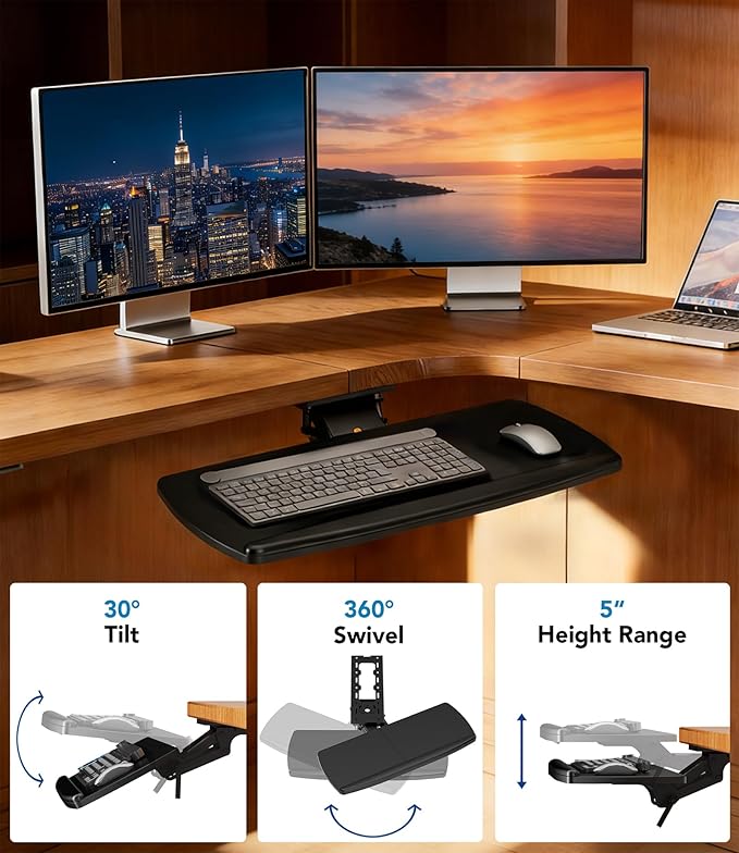 AX WABER Keyboard Tray Under Desk with Storage Drawer, Height Adjustable Keyboard Tray Slide Out 360° Swivel Tilt, Ergonomic Under Desk Mount Keyboard & Mouse Holder for Gaming Home Office, Black