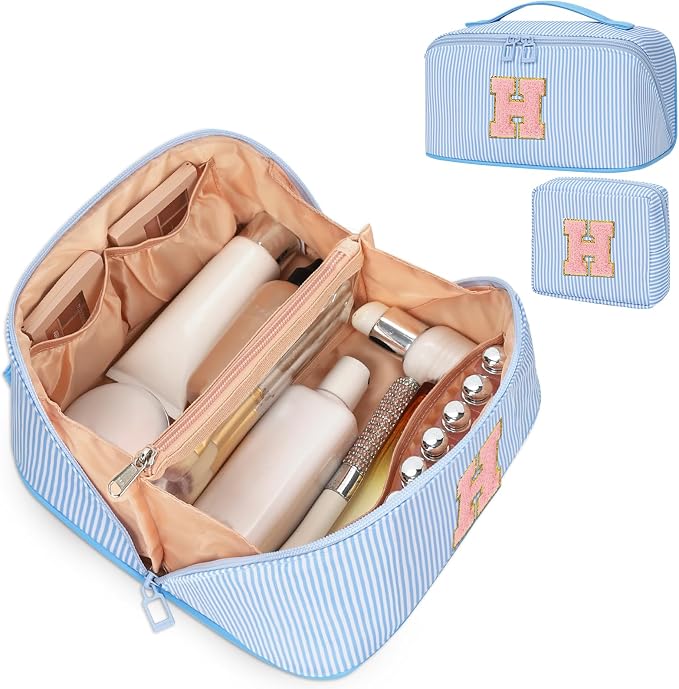 2026 Graduation Gifts - Travel Makeup Bag for Women, 2Pcs Portable Personalized Initial Makeup Organizer Bag, Open Flat Large Cosmetic Bag With Travel Essential Pouch (Blue Letter H)