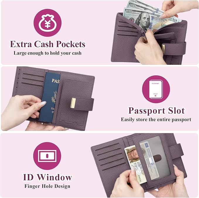 BKNOOU RFID Blocking Passport Holder with Airtag Slot- Leather Travel Passport Wallet for Women, Slim Bifold Travel Passport Holder Holds Cards & Tickets & Cash (Light Purple)