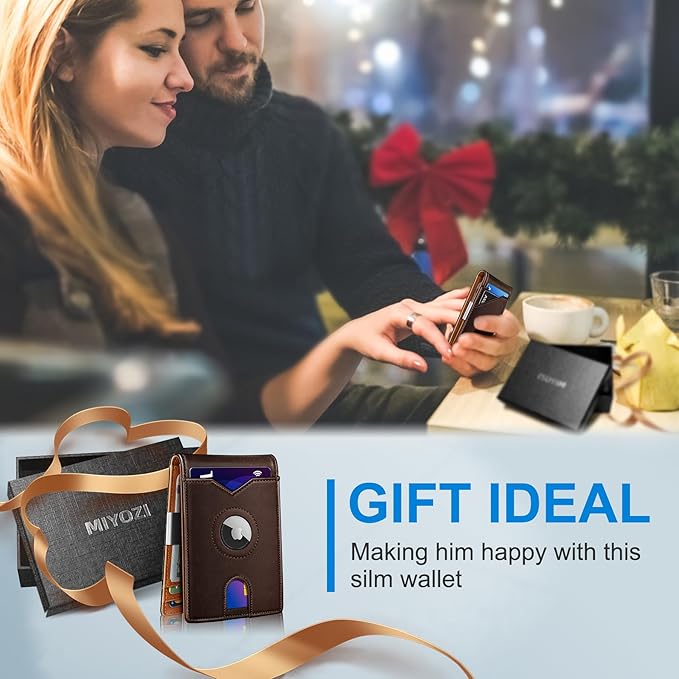miyozi Airtag Wallet for Men,with Money Clip 11 Cards Slim Front Pocket Leather RFID Blocking Wallet with Gift Box