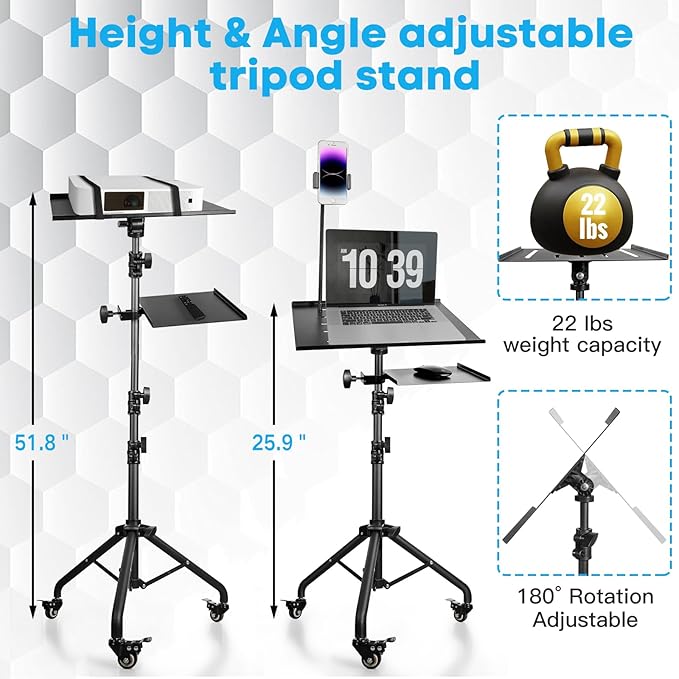 Portable Laptop & Projector Stand with Phone Holder and Mouse Tray, Adjustable Height Tripod Stand for Laptop, Projector, DJ, Sheet Music, Black