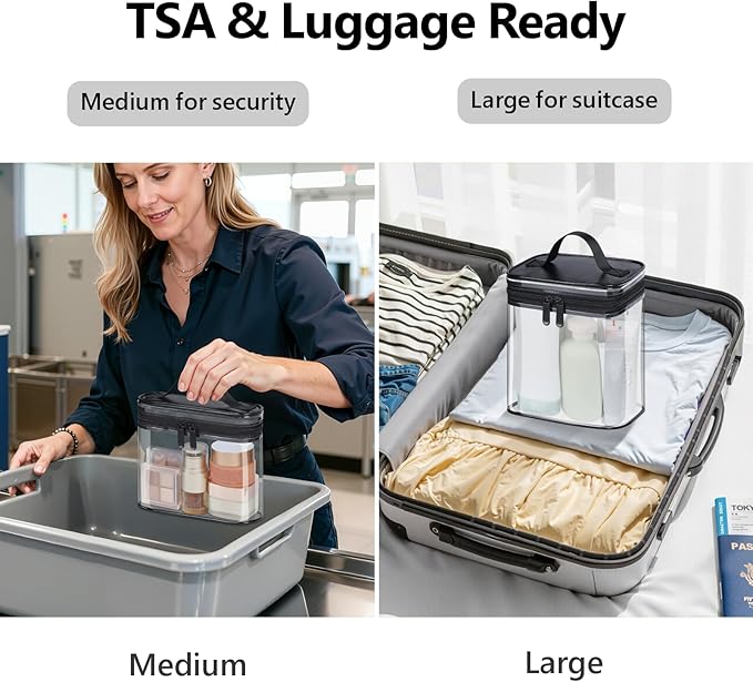 PACKISM Clear Toiletry Bag Combo Pack - 1 TSA Approved Medium & 1 Large Makeup Bag for Checked Luggage, Clear PVC Travel Bag with Handle, Dual Metal Zippers, Water Resistant Large Opening, Black