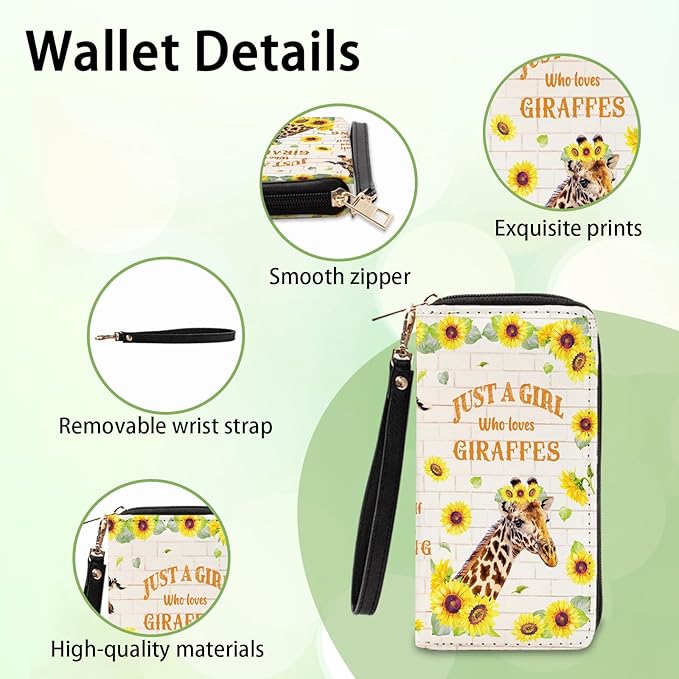 Giraffe Lovers Gifts Womens Wallet - Small Slim PU Leather Wallet for Women with Zipper Coin Purse, Credit Card Holder Wallets, Wristlet Wallets for Female Ladies Teen Girls