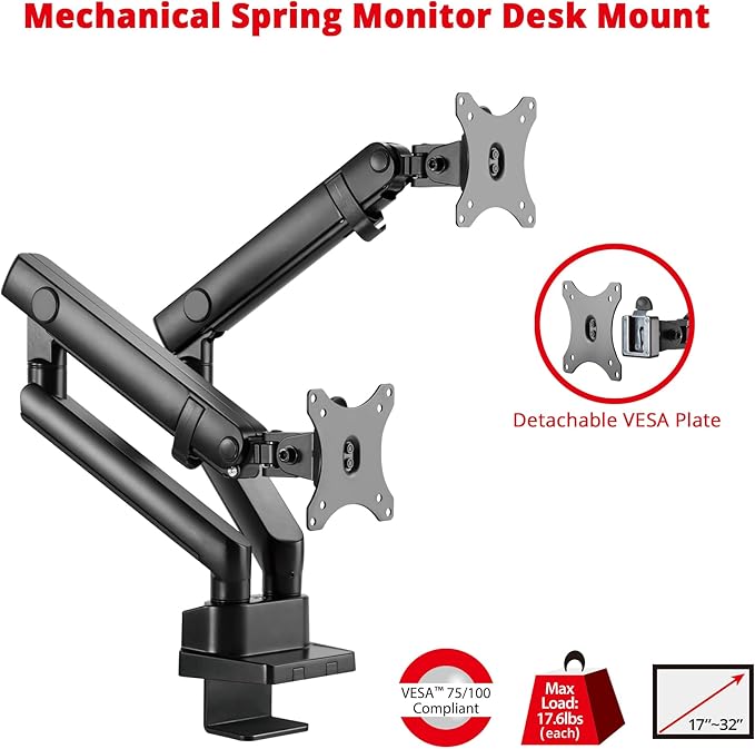 SIIG Aluminum Mechanical Dual Monitor Arm Mount - Height Adjustable Desk Mount for 17in to 32in Screens - 17.6lbs Each Arm - VESA 75x75mm 100x100mm, Black