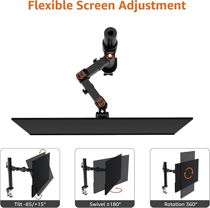 Amazon Basics Single Computer Monitor Stand with Cable Management, Height Adjustable VESA Desk Arm Mount, Fully Adjustable Tilt and Rotation, Steel, Black, Fits 13-30" Screens
