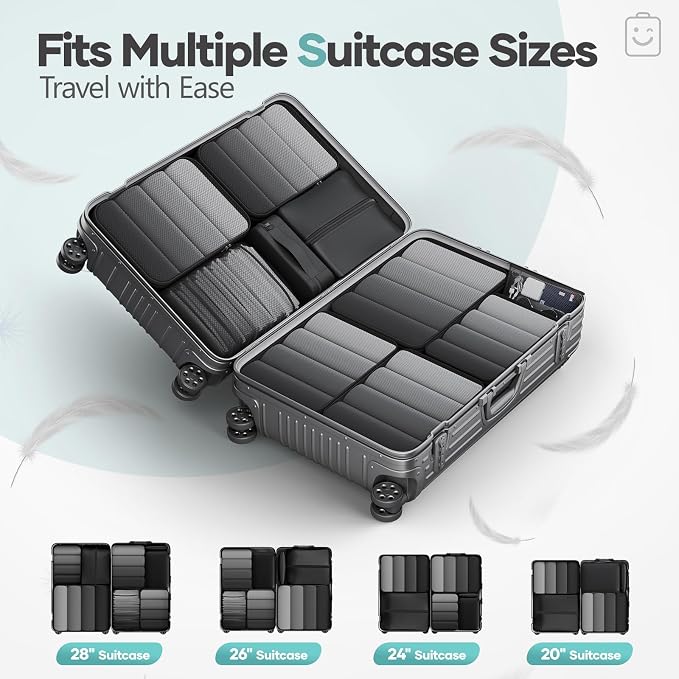 Veken 10 Set Compression Packing Cubes for Travel Essentials,Compressible Expandable Large Luggage Suitcase Organizer Bags for Clothing,Durable Space Saver Storage Bags with Makeup Bag(Black)