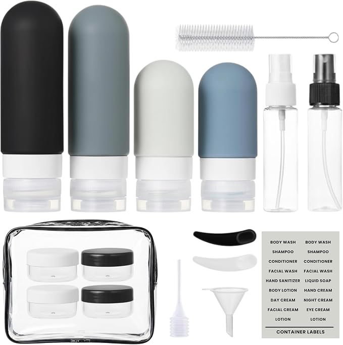 Laxen 16 Pack Travel Bottles Set with Clear Toiletry Bag TSA/CAA Approved Leakproof Silicone Refillable Travel Bottles for Toiletries & Accessories for Shampoo, Lotion and Creams (Black)