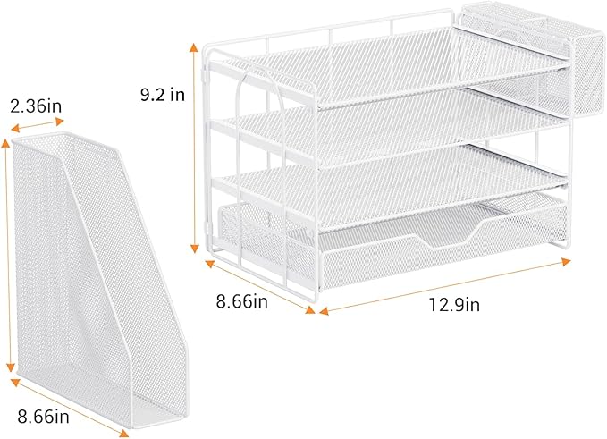 OPNICE 4-Tier Desk Organizer and Accessories, Desktop File Organizer with Drawer, Pen Holder and File Holder, Paper Letter Tray Organizer, Office Desk Accessories for Home Office Supplies, White
