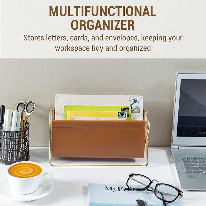 MyGift 10 Inch Mid Century Caramel Leatherette Mail Sorter Letter Holder Rack with Brass Tone Metal Frame, Faux Leather Sling Style Office Desk Card Envelope Organizer Stand