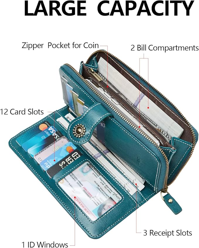 TFKGS Wallet for Women RFID Blocking Leather Large Capacity Card Holder Ladies Phone Clutch Travel Long Purse Wristlet | RFID Blocking, Leather, Large Capacity, Ladies, Travel