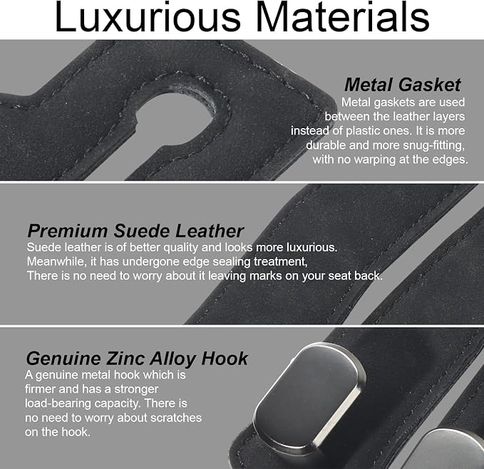 Car Seat Hooks for Headrest, Purse Hook & Back Storage Hook, Zinc Alloy & Suede Material Heavy Duty Car Hooks for Purses and Bags,Universal Fit for Most Vehicles (Black-2 Pack)