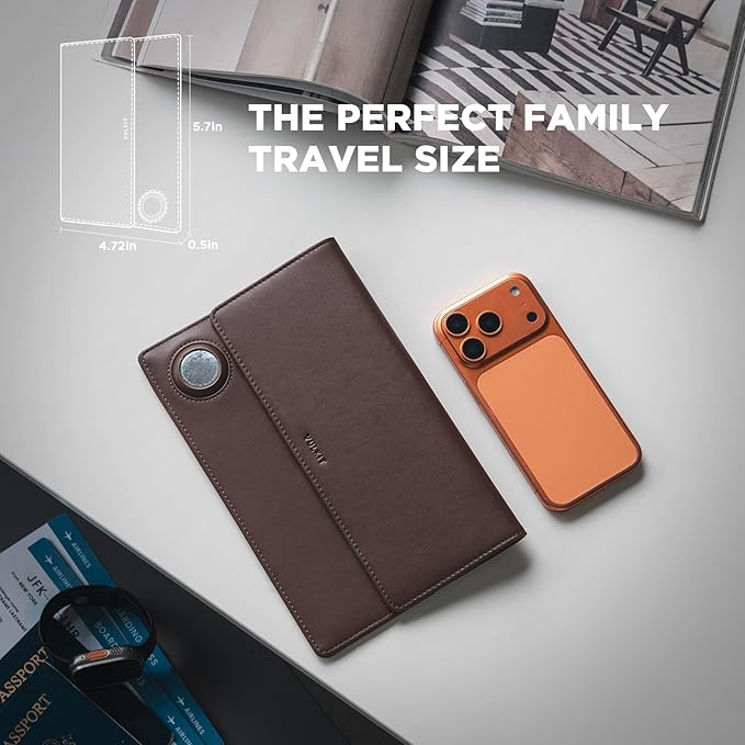 VULKIT Family Passport Holder for 4 Leather Passport Wallet with Airtag Slot Multiple Passport Holder RFID Blocking Bifold Travel Documents Organizer