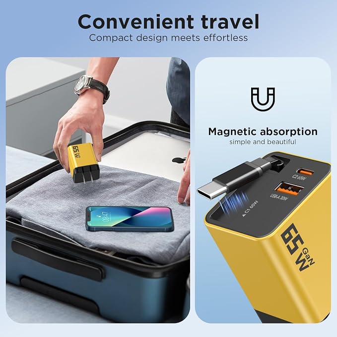 65W GaN USB C Charger with Retractable Charging Cable, 3-Port Power Adapter | Fast travel charger for MacBook, iPhone 17 16 15, Samsung Galaxy S24, iPad, multi port compact wall charging block,Yellow