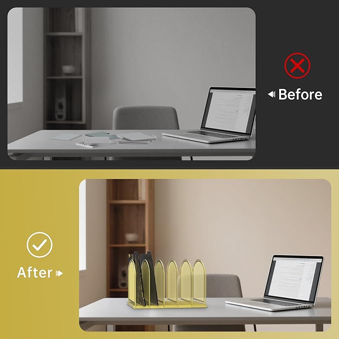 SUPEASY File Organizer for Desk, 5-Section Mesh Desk Organizer, Vertical File Holder Desktop Organizer File Sorter, File Folder Holder for Office Supplies, Gold