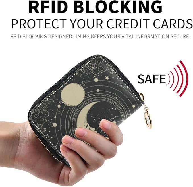 Boho Tarot Moon RFID Credit Card Holder Wallets Accordion for Women Leather Zipper Card Case Accordion Wallet for Ladies Girls
