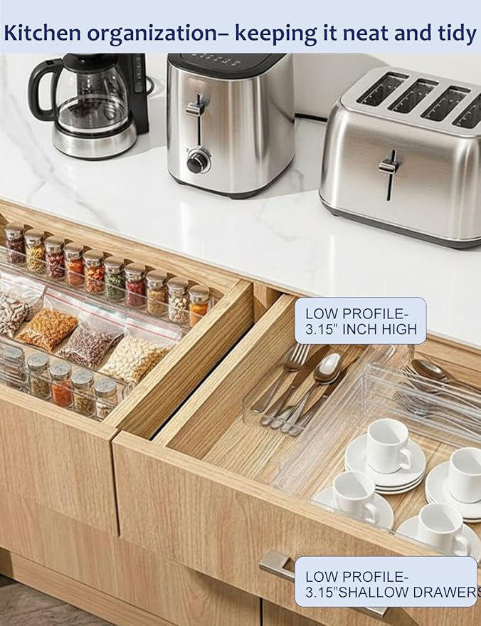 5 Pack Clear Drawer Dividers - Adjustable & Expandable Dresser Organizers, 3.15" High Plastic Separators with Non-Slip Adhesive for Clothes, Baby Nursery, Bathroom, Kitchen & Makeup