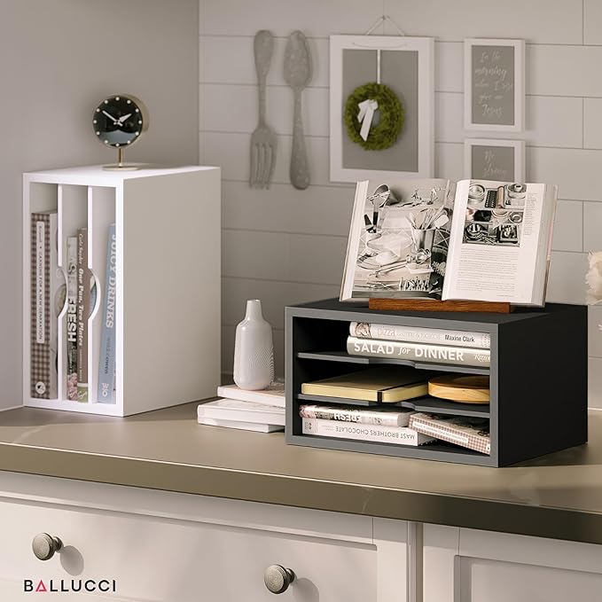 Ballucci File Organizer, 3-Tier Document Paper Sorter, Stackable Wood Desk Organizer, Mail Sorter and Monitor Stand with Storage Shelves, Black