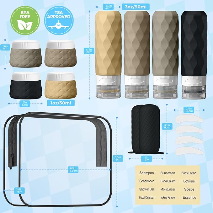 16Pack Travel Bottles for Toiletries, TSA Approved Travel Size Toiletries Containers Set, Silicone Leak Proof Refillable Bottles Elastic Sleeves Creams Jars Accessories Kit W/Clear Bag (Apricot Black)