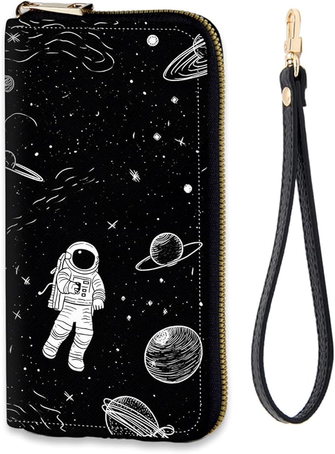 Women's RFID Blocking Zip Around Wallet with Detachable Wrist Strap, Large Capacity Credit Card Holder Organizer for Everyday Use,Astronaut Planet