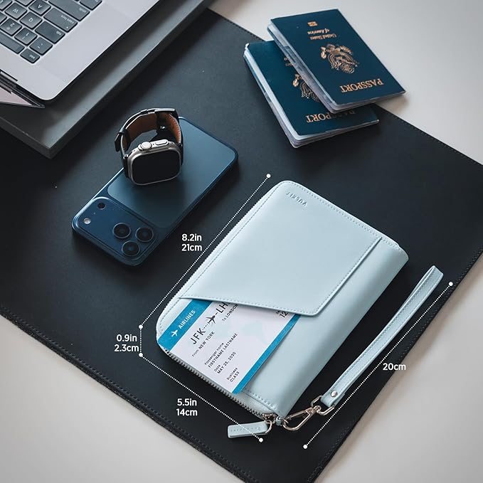 VULKIT Leather Passport Holder Family Travel Document Organizer with RFID Blocking Travel Wallet Slim Dual Slots SIM Card and Multiple Card Holders for Men and Women (Light Blue)