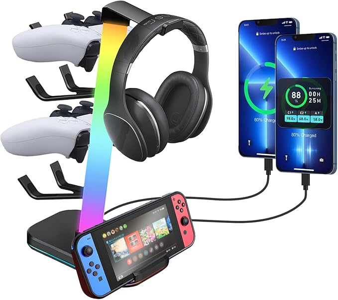 VCOM RGB Gaming Headphones Stand with 10 Light Modes, 4 Controller Holder with 1 USB & 2 Type-C Charging Ports,Headset Stand Suitable for All Earphone Accessories, Best Gift for Desk Gamers
