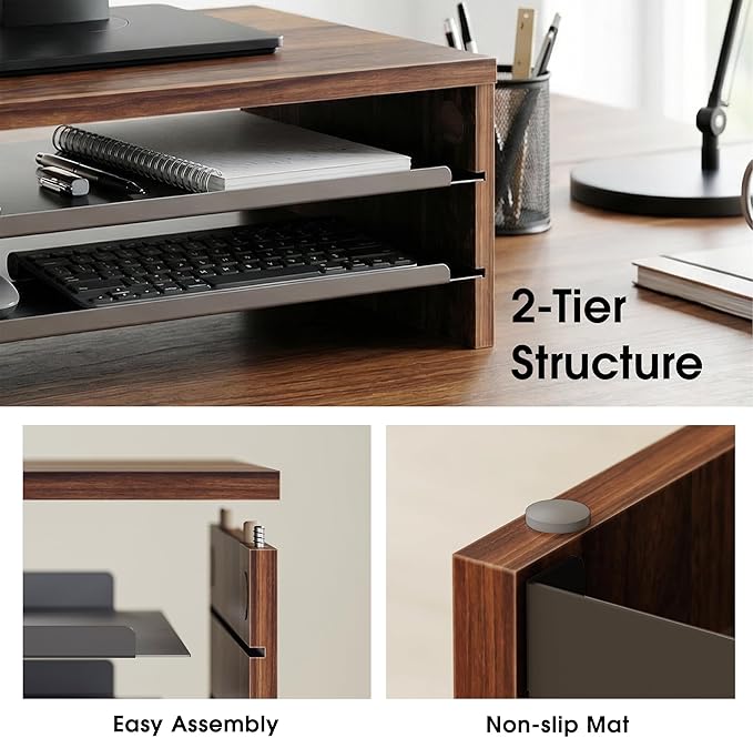 Fenge Monitor Stand, 3-Tier Monitor Riser with Slide-Out Tray, Wooden and Metal Desktop Organizer for Home Office, Computer, Laptop, Printer, Telephone