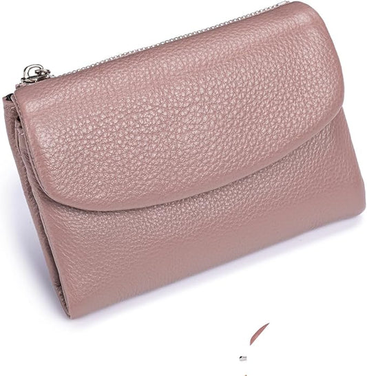 Premium Leather Wallet, Pink | Multi-Slot Card Holder, ID Window, Zipper Coin Purse, First Layer Leather